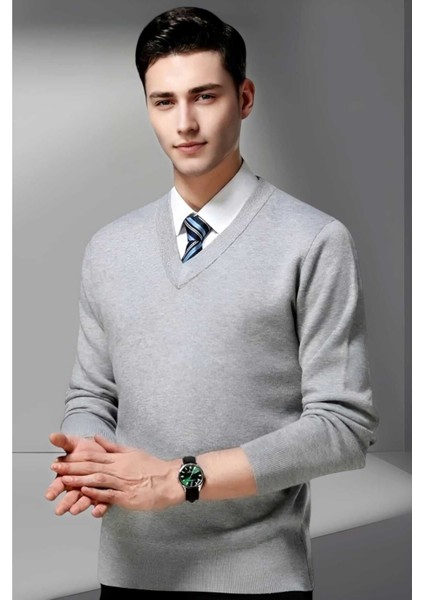 Erkek V Yaka Uzun Kol Triko Tüylenmez Süveter Erkek Slim Fit Süveter fırsatları