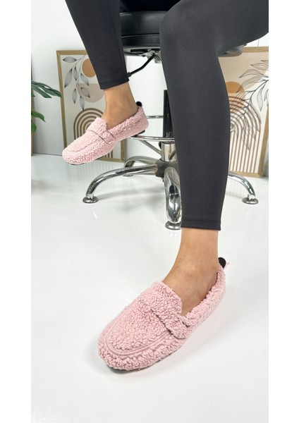 Günlük Kadın Loafer Peluş Astarlı Oval Burunlu Alçak Desenli Tabanlı Ayakkabı 375