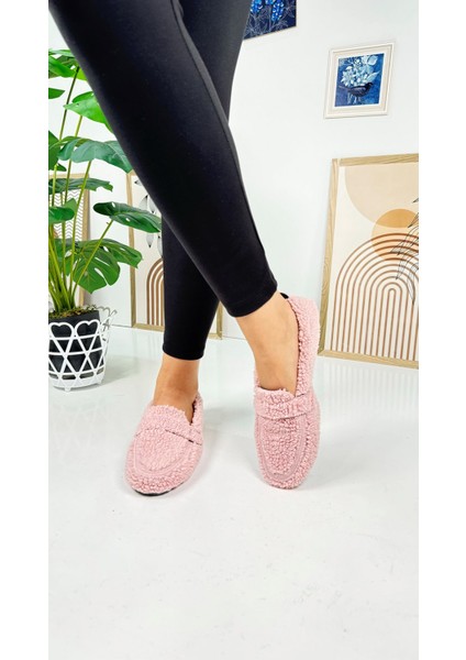 Günlük Kadın Loafer Peluş Astarlı  Oval Burunlu Alçak Desenli Tabanlı Ayakkabı 375