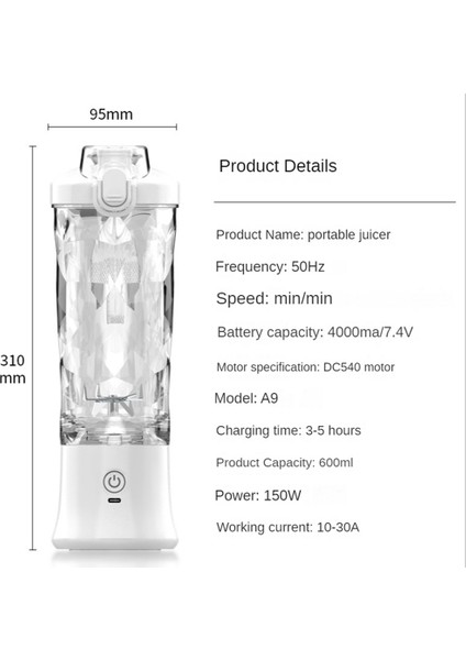 Taşınabilir Blender 600ML Elektrikli Meyve Sıkacağı Meyve Karıştırıcılar 4000MAH Ev ve Seyahat Için USB Şarj Edilebilir Smoothie Mini Blender-Beyaz (Yurt Dışından)