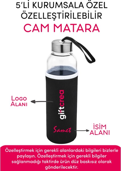 Kurumsala Özel Kılıflı Cam Matara Özelleştirilebilir 5'li Kılıflı Cam Matara 470 ml Borosilikat