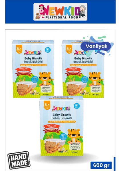 New Kid Organik Siyez Unu ve Organik Yulaflı, Tereyağlı,vanilyalı Bebek ve Çocuk Bisküvisi 200 G X3