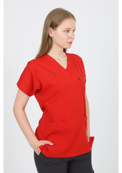V Yaka Kırmızı Tek Üst Uniforma (Viscon) M