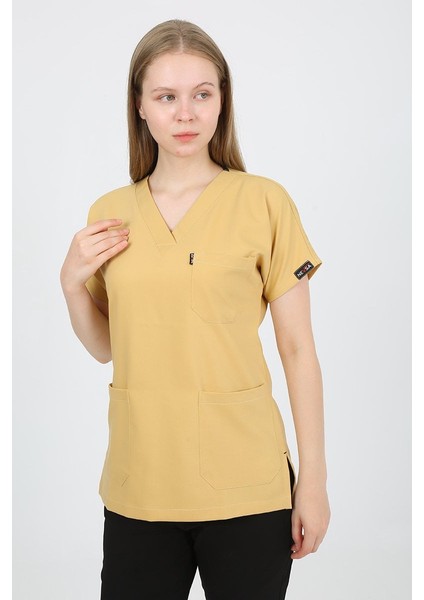 V Yaka Açık Hardal Tek Üst Uniforma (Viscon) L