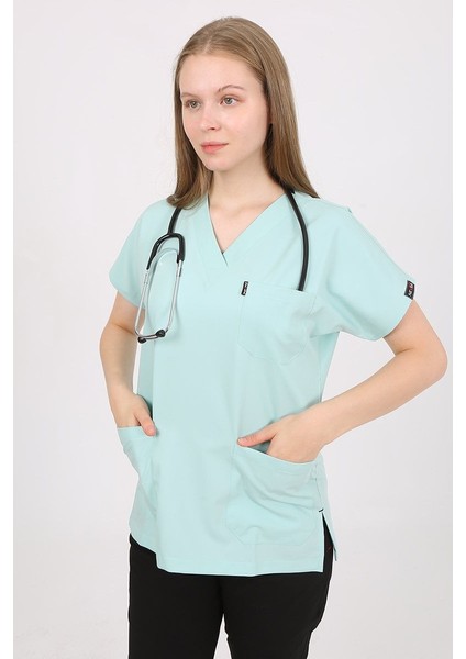 V Yaka Mint Yeşil Unisex Tek Üst Uniforma (Viscon) M