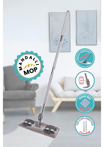 Tüm Bezlere Uyumlu Mandallı Cam Silme Mopu, Yer Duvar Fayans Silme Mopu Gri (Yedek Mikrofiber Bez Hediyeli)