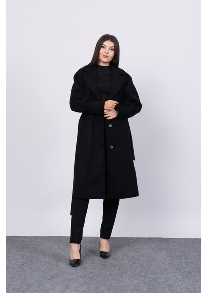 Kuşaklı ve Düğmeli Kol Pile Detaylı Kaşe Palto Kaban 2579