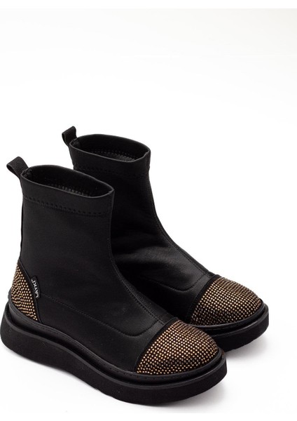 Afron Siyah Renkli Altın Renk Taşlı Detaylı Kışlık Kadın Bot fırsatları