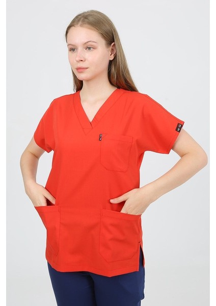 V Yaka Nar Çiçeği Unisex Tek Üst Uniforma (Viscon) Xl