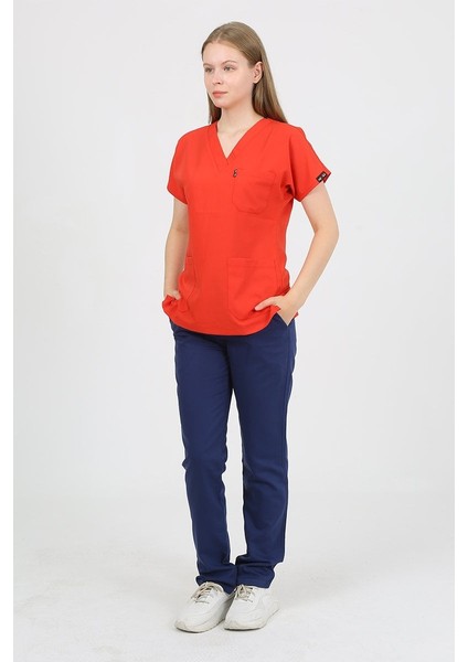 V Yaka Nar Çiçeği Unisex Tek Üst Uniforma (Viscon) Xl