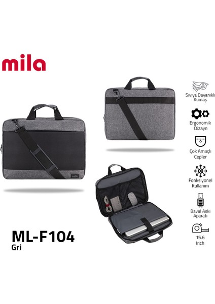 Classone ML-F104 13,14,15.6" Mila Laptop Çantası,Lenovo,Hp,Asus,Monster,Macbook,Mac Air Uyumlu  - Gri