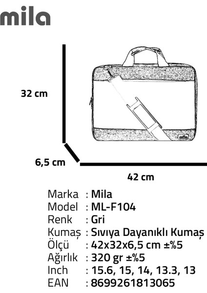 Classone ML-F104 13,14,15.6" Mila Laptop Çantası,Lenovo,Hp,Asus,Monster,Macbook,Mac Air Uyumlu  - Gri