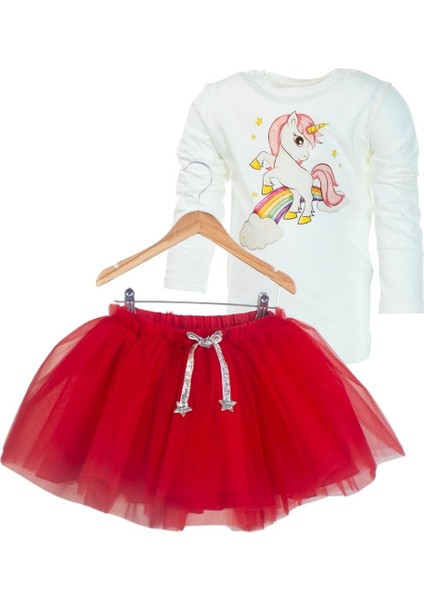Unicorn Baskılı Body ve Kırmızı Renkli Kabarık Tütü Etek / Özel Yılbaşı Seti.