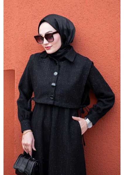 Üst Cepkenli Tüvit Ekoseli Elbise-Siyah fiyatları