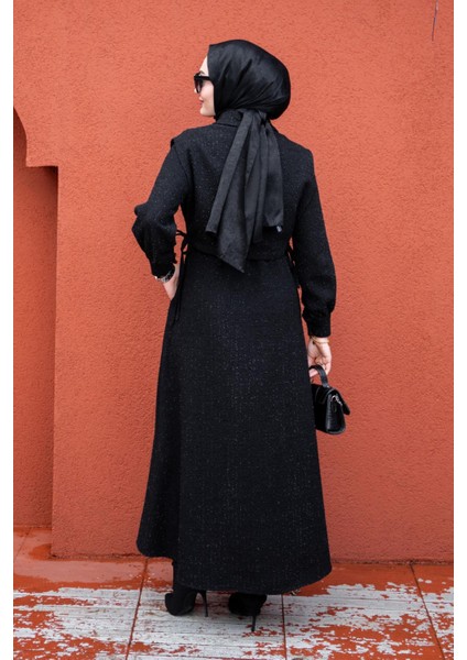 Üst Cepkenli Tüvit Ekoseli Elbise-Siyah modelleri