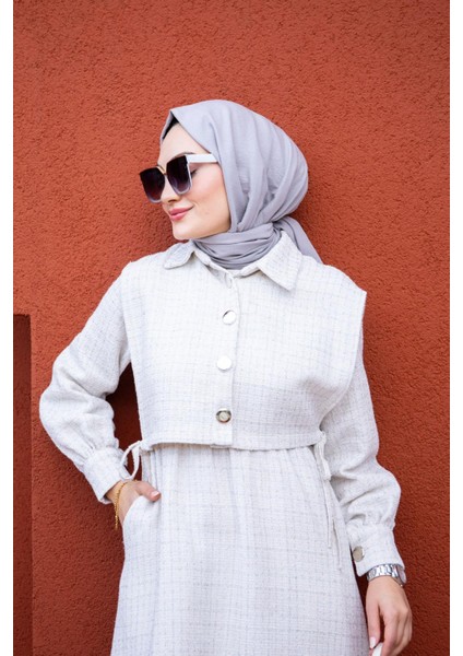 Üst Cepkenli Tüvit Ekoseli Elbise-Ekru fiyatları