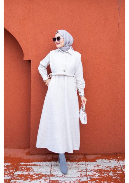 Üst Cepkenli Tüvit Ekoseli Elbise-Ekru fırsatları