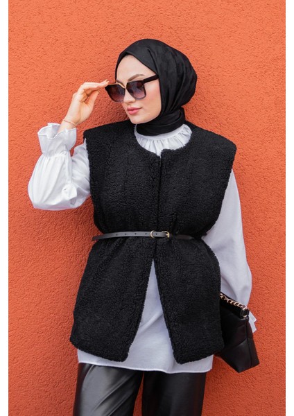 Peluş Oversize Kemerli Yelek-Siyah