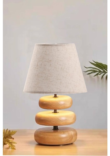 Round Ahşap Ayaklı Keten Abajur