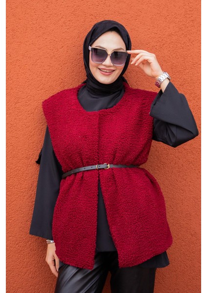 Peluş Oversize Kemerli Yelek-Bordo