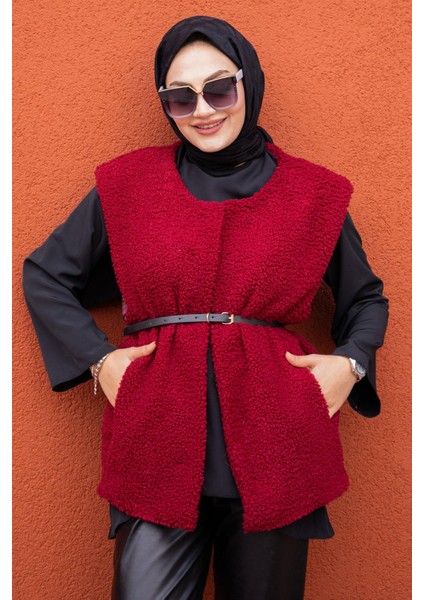 Peluş Oversize Kemerli Yelek-Bordo