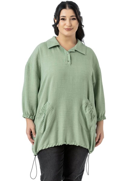 Büyük Beden Truvakar Kol Cep Detaylı Eteği Stoper Büzgülü Bej Rengi Bluz