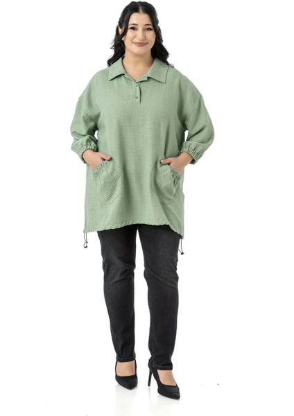 Büyük Beden Truvakar Kol Cep Detaylı Eteği Stoper Büzgülü Bej Rengi Bluz fiyatları