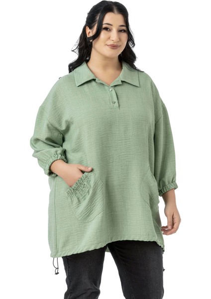 Büyük Beden Truvakar Kol Cep Detaylı Eteği Stoper Büzgülü Bej Rengi Bluz fırsatları