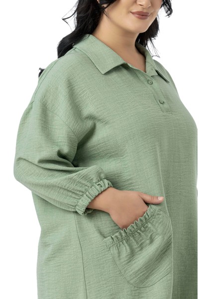 Büyük Beden Truvakar Kol Cep Detaylı Eteği Stoper Büzgülü Bej Rengi Bluz indirimleri