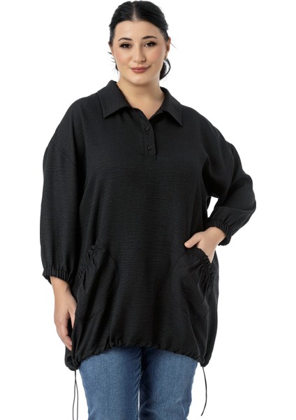 Büyük Beden Truvakar Kol Cep Detaylı Eteği Stoper Büzgülü Siyah Bluz