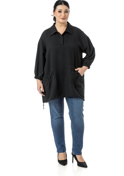 Büyük Beden Truvakar Kol Cep Detaylı Eteği Stoper Büzgülü Siyah Bluz fiyatları