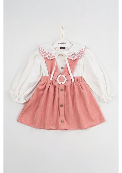 Çiçek Yaka Detaylı Kadife Salopetli Elbise 2 li takım - Pembe fiyatları