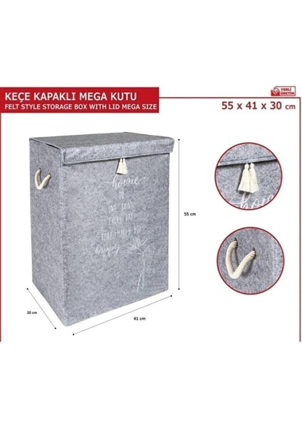 Keçe Kapaklı Çamaşır Sepeti, Çok Amaçlı Mega Saklama Kutusu Gri 55 x 41 x 30 cm