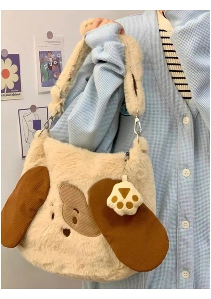 Sevimli Köpek Yavrusu Işlemeli Çanta Sonbahar ve Kış Peluş Büyük Kapasiteli Kız Öğrenci Omuz Çantası Koltukaltı Çantası Banliyö Çantası (Yurt Dışından)