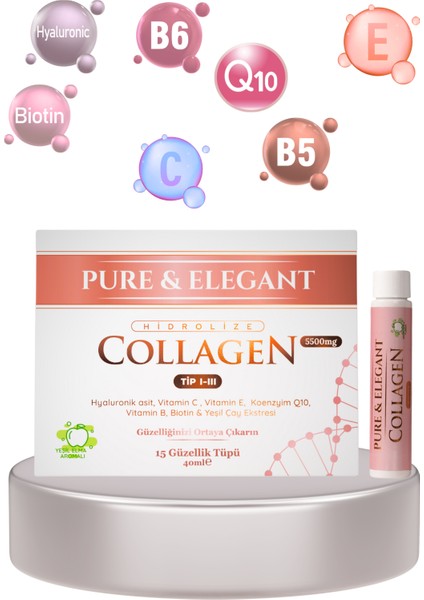 Pure & Elegant Hidrolize Kolajen Tip 1-3 (5500 mg) – 15 Shot | Yeşil Elma Aromalı