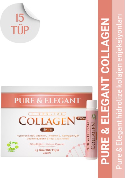 Pure & Elegant Hidrolize Kolajen Tip 1-3 (5500 mg) – 15 Shot | Yeşil Elma Aromalı