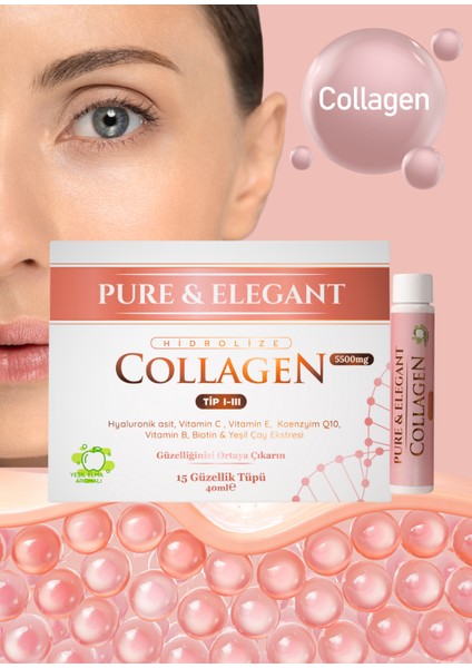 Pure & Elegant Hidrolize Kolajen Tip 1-3 (5500 mg) – 15 Shot | Yeşil Elma Aromalı