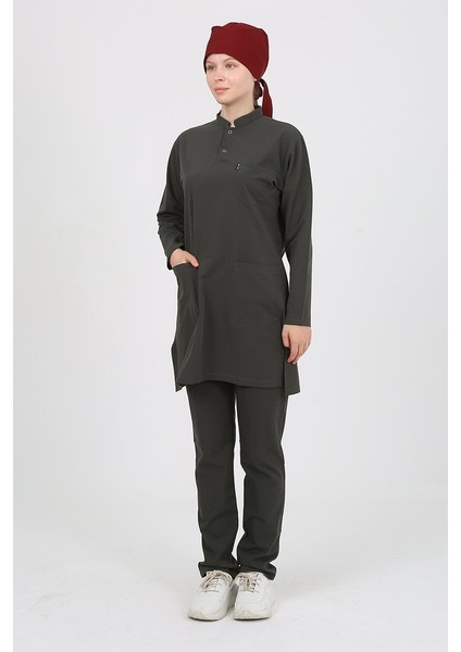 Jasmine Hakim Yaka Koyu Haki Tesettür Uniforma (Likralı) L - Takım