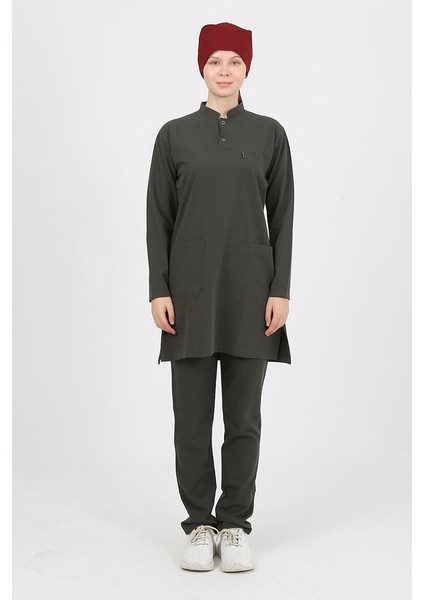 Jasmine Hakim Yaka Koyu Haki Tesettür Uniforma (Likralı) L - Takım modelleri