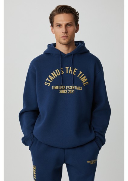 Wulf Erkek Organik Kumaşlı Içi Polarlı Yumuşacık Kanguru Cepli Kapüşonlu Lacivert Sweatshirt