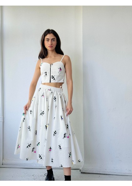 Circle Kloş Midi Boy Desenli Etek Astar Hediyeli Kadın Ekru