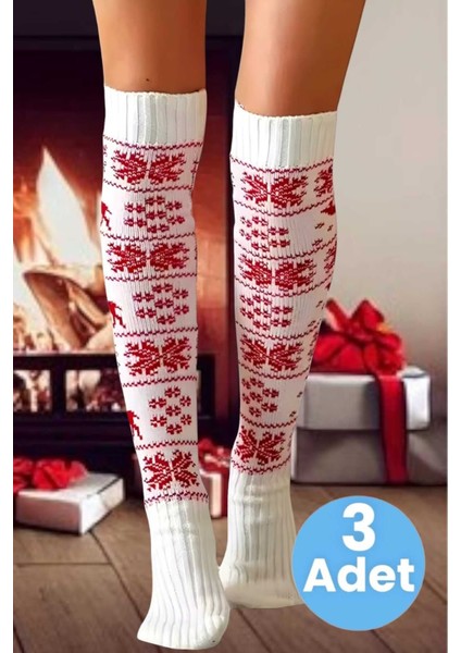 Kadın Yeni Yıl Temalı Kar Tanesi Desenli Diz Üstü Çorap 3'lü Set
