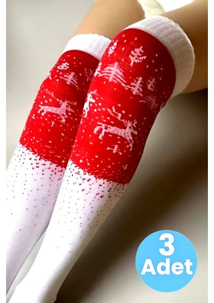 Kadın Yeni Yıl Temalı Geyik Desenli Diz Üstü Çorap 3'lü Set