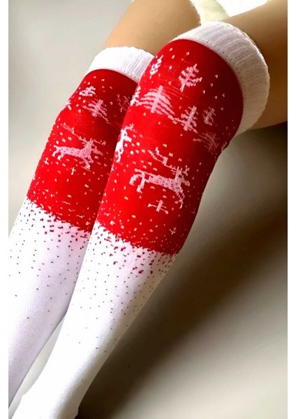 Kadın Yeni Yıl Temalı Geyik Desenli Diz Üstü Çorap 3'lü Set fırsatları