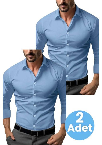 Slim Fit Uzun Kol Nefes Alan Kolay Ütülenen Kravatlık Dört Mevsim Erkek Gömlek 2'li Set