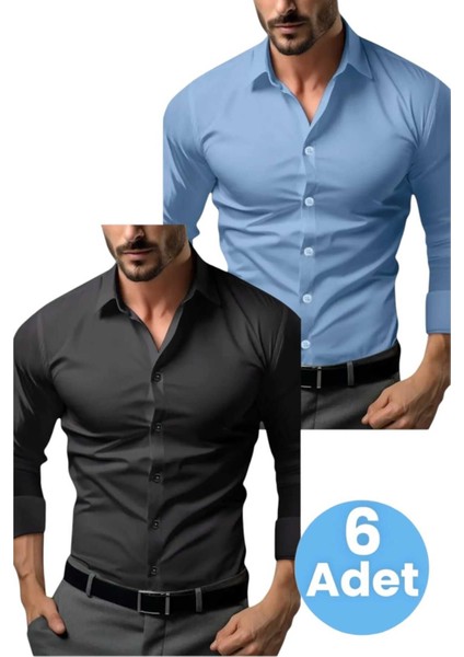 Slim Fit Uzun Kol Nefes Alan Kolay Ütülenen Kravatlık Dört Mevsim Erkek Gömlek 6 Adet