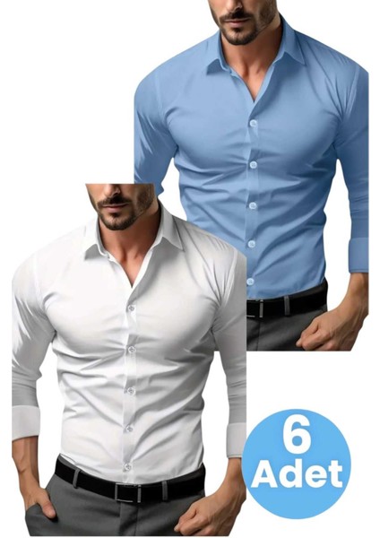 Slim Fit Uzun Kol Nefes Alan Kolay Ütülenen Kravatlık Dört Mevsim Erkek Gömlek 6 Adet