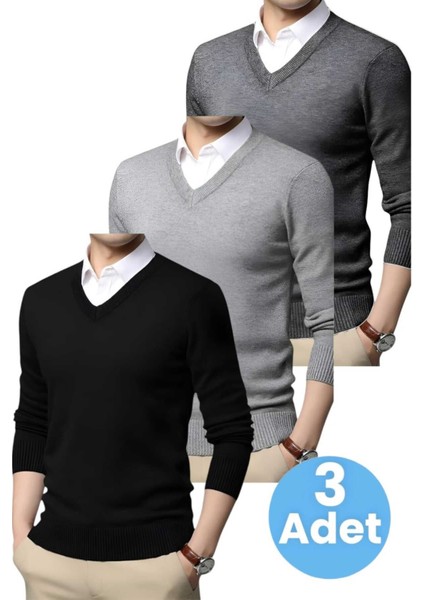 3'lü Erkek V Yaka Uzun Kol Triko Tüylenmez Süveter Erkek Slim Fit Süveter