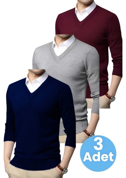 3'lü Erkek V Yaka Uzun Kol Triko Tüylenmez Süveter Erkek Slim Fit Süveter