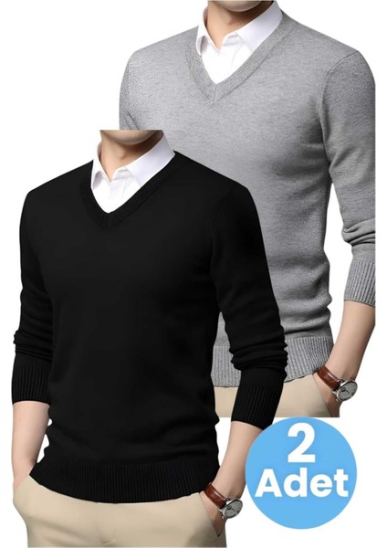 2'li Erkek V Yaka Uzun Kol Triko Tüylenmez Süveter Erkek Slim Fit Süveter fırsatları